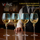 Large Diamond Wine Glasses, 10" H Gold Rim (4, Blue)