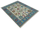 Fine Traditional Ivory and Blue Colorful Hand knotted Oushak Wool Area Rug