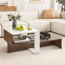 2-Tier Geometric Coffee Table with Storage Shelves for Living Room and Reception Room-White and Brown