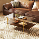 2-Tier Glass Coffee Table with Tampered Glass Tabletop and Open Storage Shelf-Brown by LJGDeals