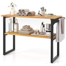 2-Tier Solid Teak Wood Bathroom Shelf with Towel Rack