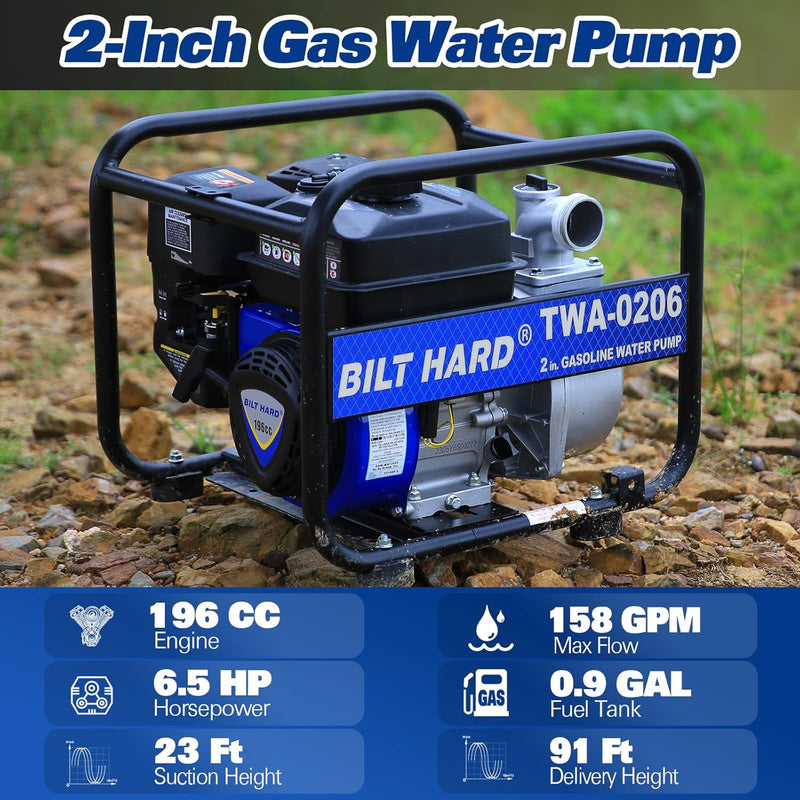 BILT HARD Semi Trash Pump 2 inch, 158 GPM 6.5HP Gas Powered Water Pump, 196cc 4-Cycle Engine with 50 ft Discharge Hose, 12 ft Suction Hose and Complete Fittings, EPA Certified