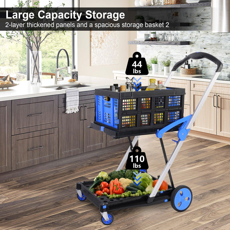 2-Tier Collapsible Cart with Crate Multi-Functional Foldable Trolley with Rolling Swivel Wheels