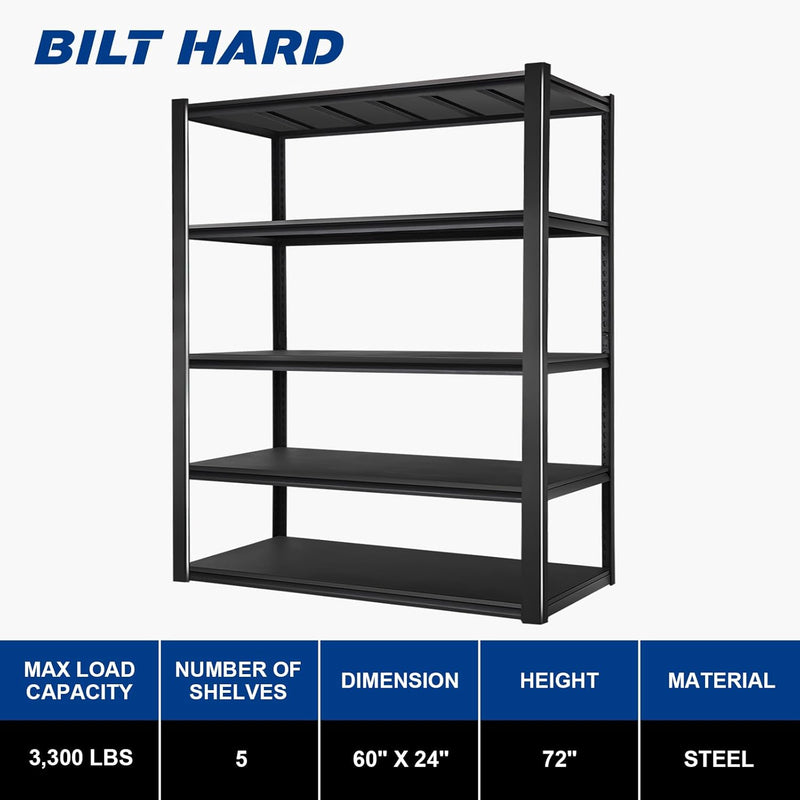BILT HARD 3300LBS 60" W x 24" D x 72" H Garage Shelving, 5-Shelf Industrial Storage Shelves Heavy Duty, Metal Shelving Units with Adjustable Shelf, Steel Utility Shelves