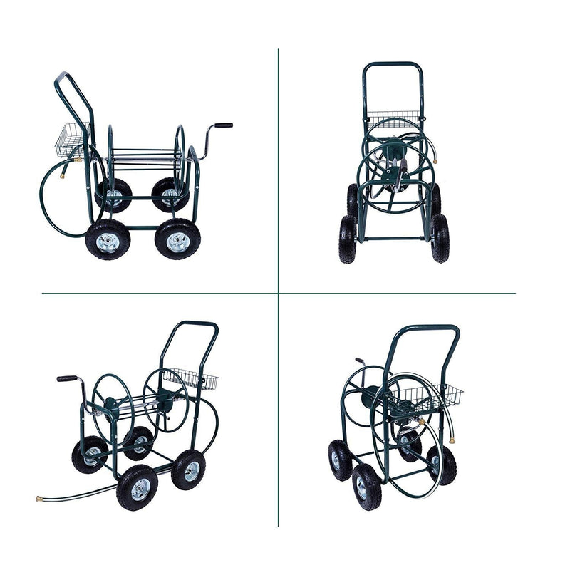 4 Wheels Heavy Duty Garden Metal Hose Reel Cart Gardening Water Planting with Storage Basket