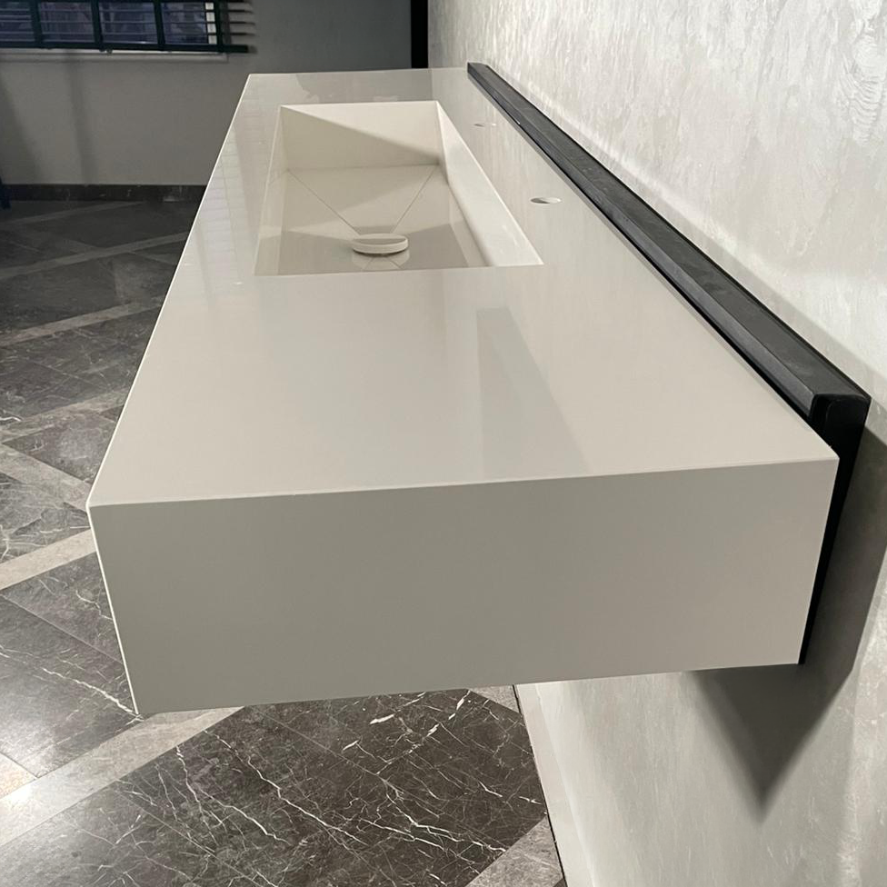 White Quartz Large Bathroom Trough Sink Wall Mount Contemporary Design, photo 3 of 13