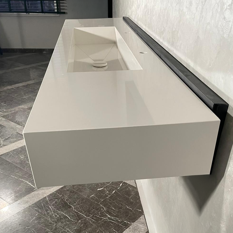 White Quartz Large Bathroom Trough Sink Wall Mount Contemporary Design, photo 3 of 13