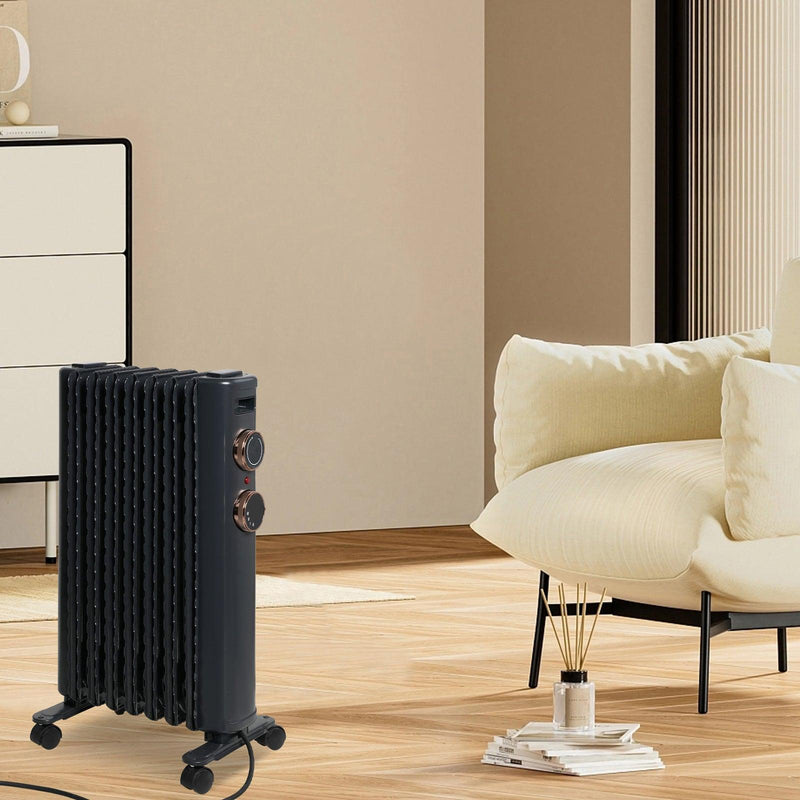 1500W Portable Electric Radiator Oil Filled Heater With 3 Heating Modes, Adjustable Thermostat, Matte Black