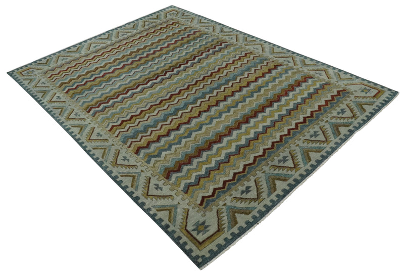 9x12 Gray, Maroon, Ivory and Mustard Stripes Pattern Hand knotted wool Area Rug