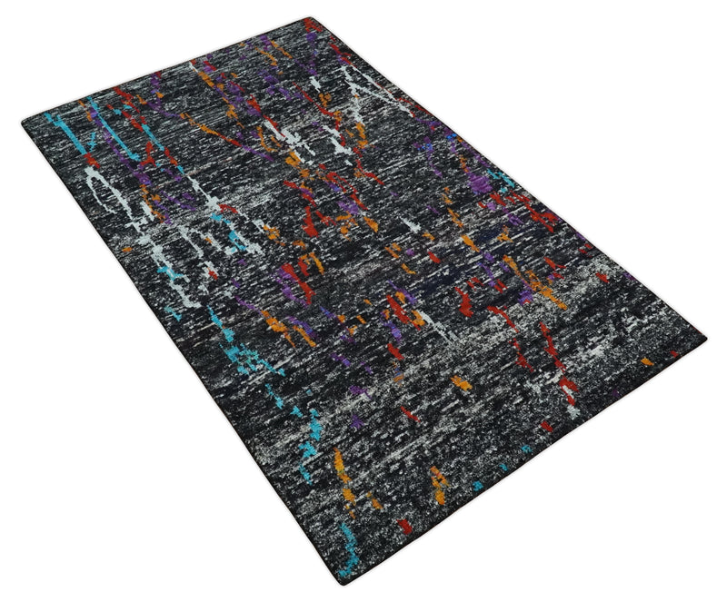 5x8 Hand Knotted Black, Ivory and Rust Modern Abstract Contemporary Recycled Silk Area Rug | OP132