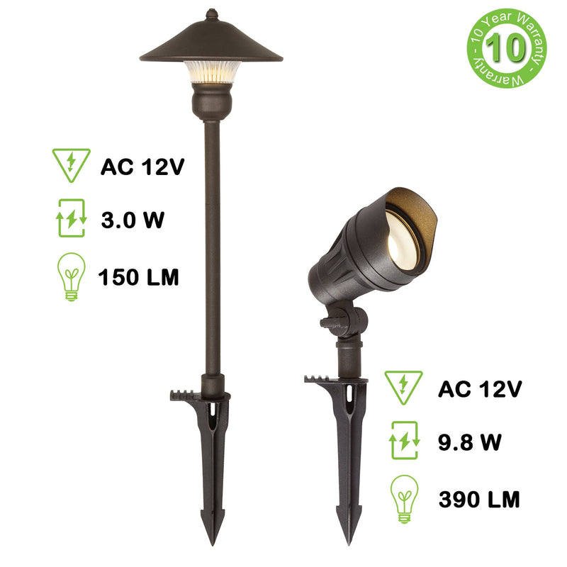 LED Landscape Light Kits For Pathway, 12V AC, 10W 390LM Spot Light (2 Heads) + 3W 150LM Flood Light (6 Heads), ORB Finish, Driver & Cable NOT included in Kit