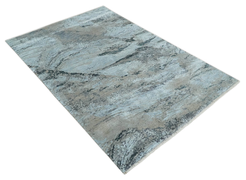 5x8 and 6x9 Aqua, Silver, Charcoal and Brown Modern Abstract Handmade Wool Area Rug