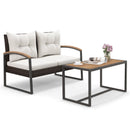 2 Pieces Patio PE Wicker Furniture Set with Acacia Wood Coffee Table-White by DirectDeals