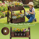 2-tier Raised Garden Bed Rustic Wood Wagon Planter with Drainage Holes and Semi-wheels-Coffee by LJGDeals