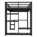 Full Size Loft Bed Frame with Built-in Wardrobe, Metal Loft Bed with Desk and Storage Shelves