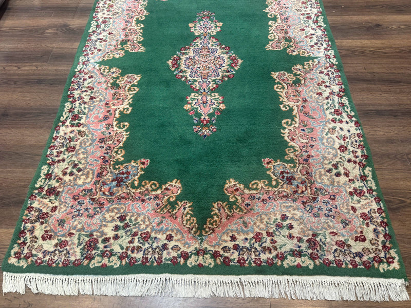 Green Persian Kerman Rug 4x6, Semi Open Field, Green & Cream, Vintage