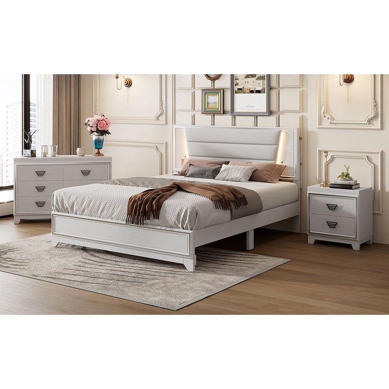 3-Pieces Bedroom Sets Queen Size Upholstered Bed with LED Lights, Nightstands and Dresser with Metal Handles and Sparkling Shiny Decoration, White