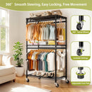 Heavy Duty Rolling Clothes Rack with 3 Tier Shelves, 2 Rails & Side Hooks, Adjustable Freestanding Organizer, Black Metal