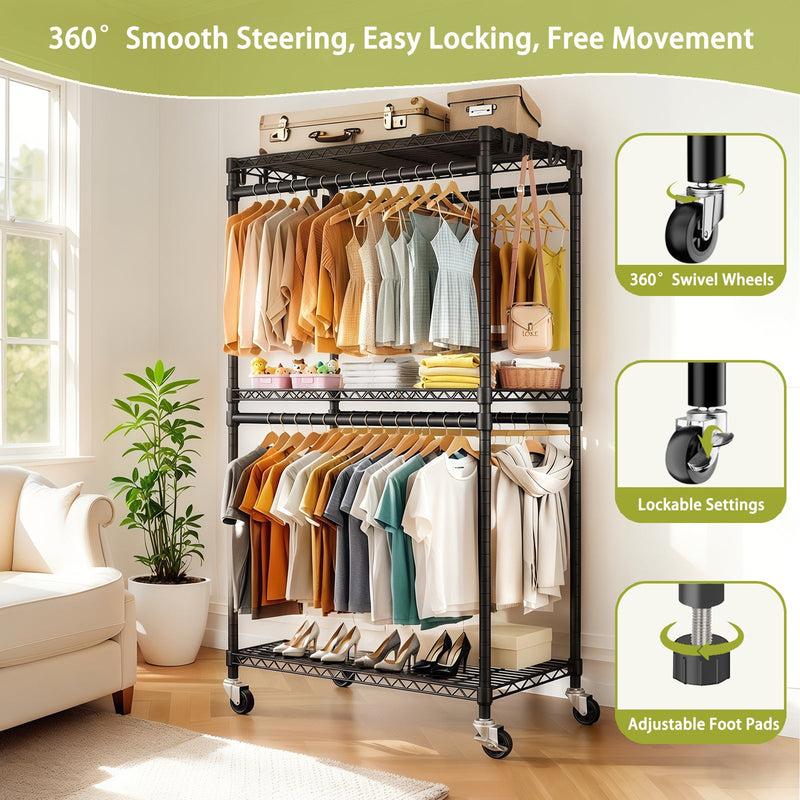 Heavy Duty Rolling Clothes Rack with 3 Tier Shelves, 2 Rails & Side Hooks, Adjustable Freestanding Organizer, Black Metal