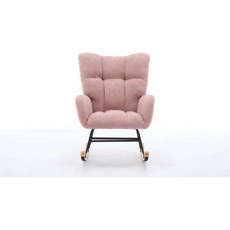 Modern Nursery Rocking Chair Upholstered Glider Chair with High Backrest Rocker Accent Armchair with Solid Wood Legs for Nursery Bedroom Living Room Teddy(Pink)