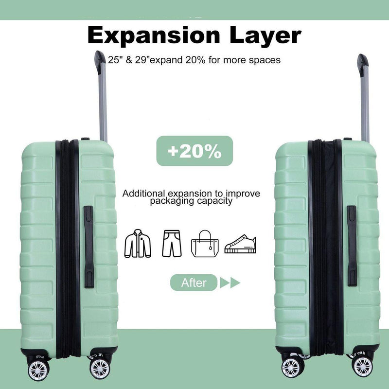 3 Piece Luggage Sets PC Lightweight & Durable Expandable Suitcase with Two Hooks, Double Spinner Wheels, TSA Lock, (21/25/29) Light Green