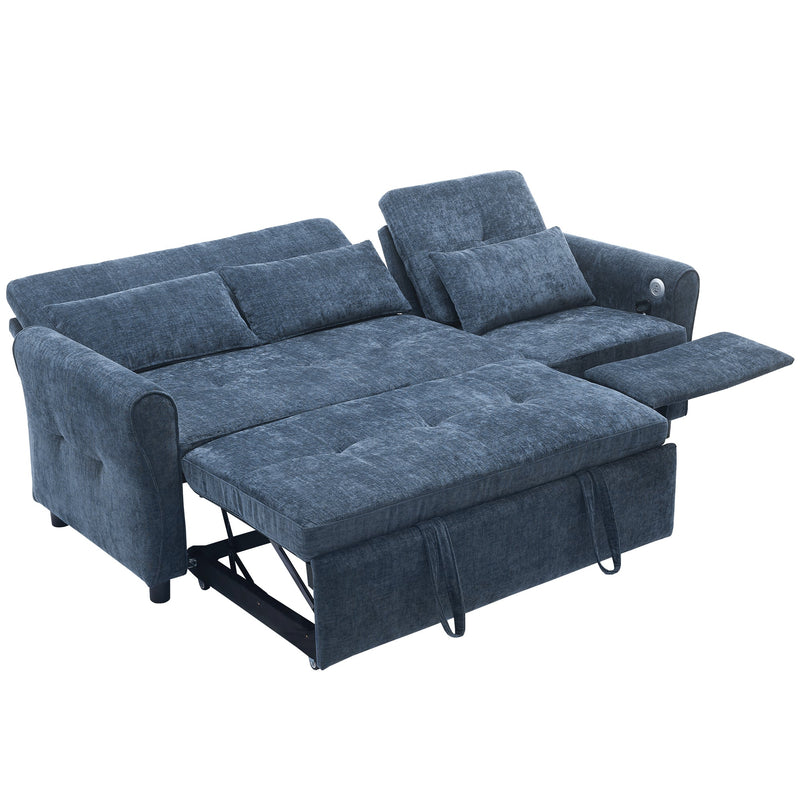 2-in-1 Sofa 82' Three-seater Sofa with Sofa Bed and Reversible Recliner, Blue Chenille