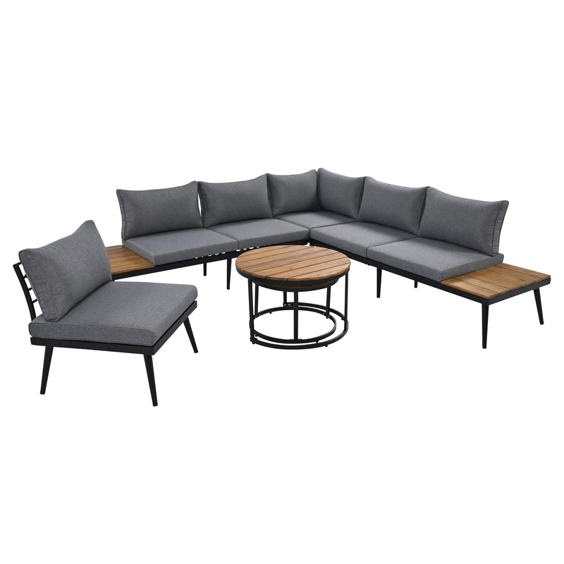 6-Piece Outdoor Sectional Sofa Set with Round Nesting Coffee Tables and Seating Sofa with Cushions for Patio, Porch and Garden (Grey)