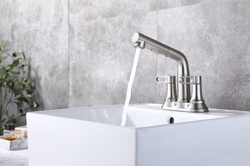 2 Handle Bathroom Sink Faucet 3 Hole with Pull Out Sprayer, Centerset Bathroom Faucets, 4 Inch Centerset Bathroom Faucet with Retractable Hose, Hot and Cold Water Mixing Faucet