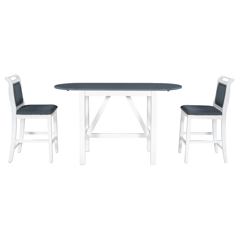 3-Piece Wood Counter Height Drop Leaf Dining Table Set with 2 Upholstered Dining Chairs for Small Place, White+Gray