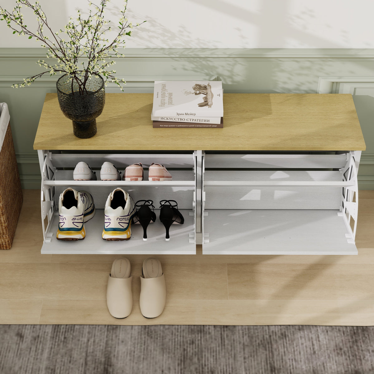 Shoe Storage Bench with 2 Flip Drawers and Adjustable Shelf - Antique, photo 7 of 10