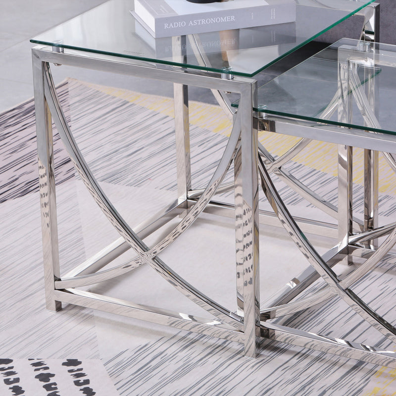 3 Pieces Silver Square Nesting Glass End Tables- Small Coffee Table Set- Stainless Steel Small Coffee Tables with Clear Tempered Glass- 18" Modern Minimalist Side Table for Living Room (Curve)