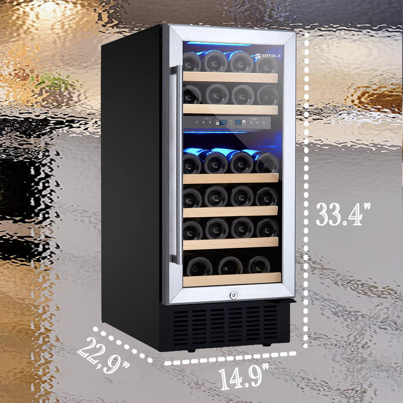 15 Inch Wine Cooler Refrigerators 28 Bottle Fast Cooling Low Noise Wine Fridge with Professional Compressor Stainless Steel, Digital Temperature Control Screen Built-in or Freestanding