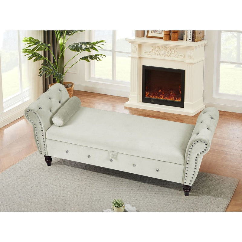 63.38"Velvet Multifunctional Storage Rectangular ottoman bench Comes with crystal buckle Solid Wood Legs with 1 Pillow,Beige