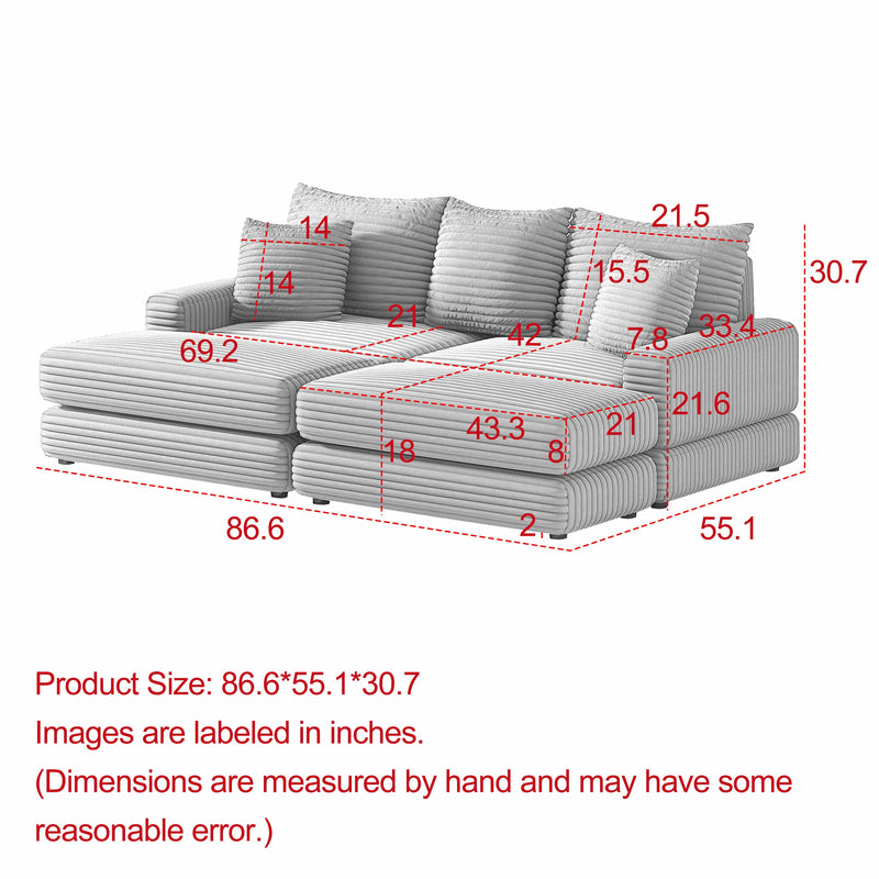 86.6Inch Corduroy 3-seater sofa With 3 back pillows, 2 toss pillows and two ottoman, Comfy Sofa- Deep Seat Couch for Living Room