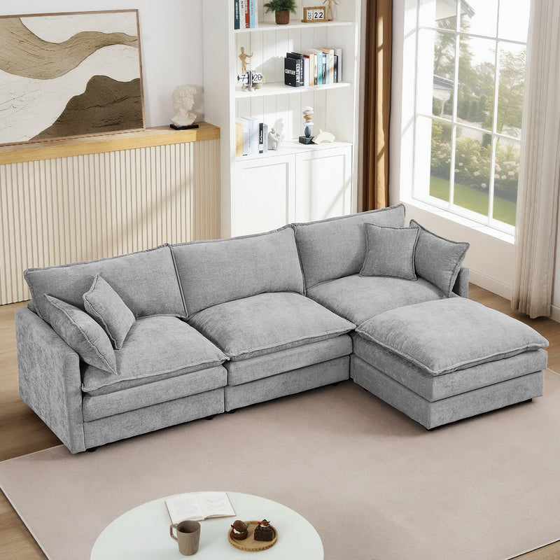 Contemporary Modular Sectional Sofa, 105 Inch L-Shaped Couch Set with Movable Ottoman, Chenille Grey