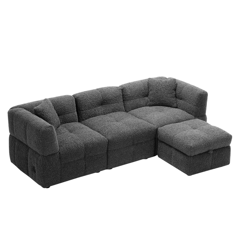 87.7" Sectional Sofa Cozy Teddy Fleece Fabric Sectional Sofa Couch with Two USB Ports a Movable Storage Ottoman and Two Lumbar Pillows for Living Room, Gray
