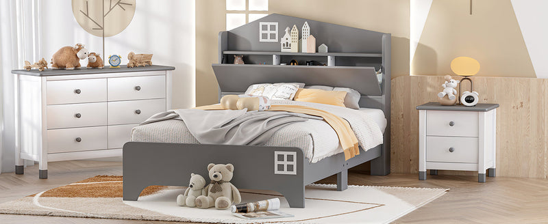 3-Pieces Bedroom Sets Twin Size House Bed with Storage Headboard, Wooden Nightstand and Storage Dresser,Gray