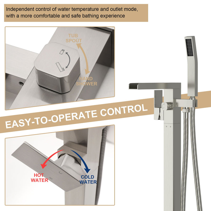 Freestanding Bathtub Faucet Waterfall Tub Filler Floor Mount Solid Brass With Hand Shower - Brushed Nickel, photo 4 of 9