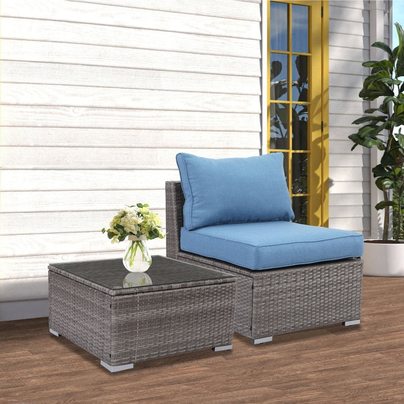 2 Pieces Patio Armless Blue Brown Single Rattan Wicker Sofa Couches Furniture With End Side Table Outdoor