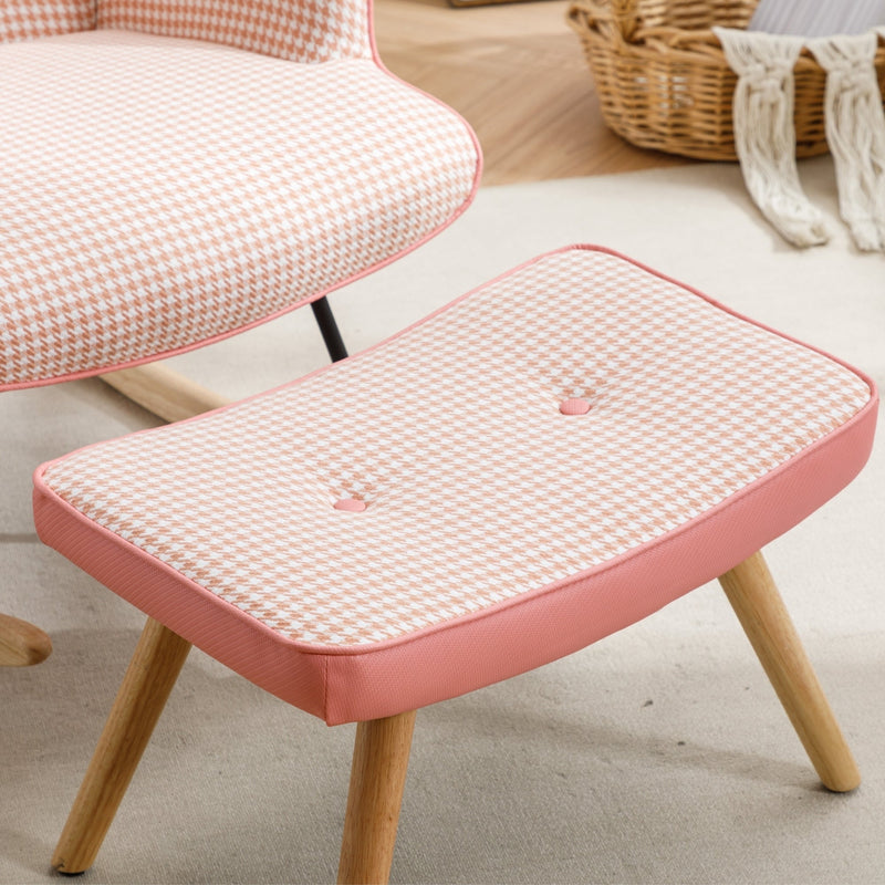 35.5 inch Rocking Chair, Soft Houndstooth Fabric Leather Fabric Rocking Chair for Nursery, Comfy Wingback Glider Rocker with Safe Solid Wood Base for Living Room Bedroom Balcony (pink)