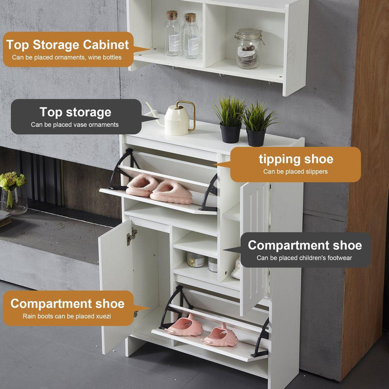 31'Multi-Functional Shoe Cabinet with Wall Cabinet, Narrow Shoe Rack Storage Organizer with 2 Flip Drawers Versatile Side Cabinet for Hallway, Bedroom, Apartment, White