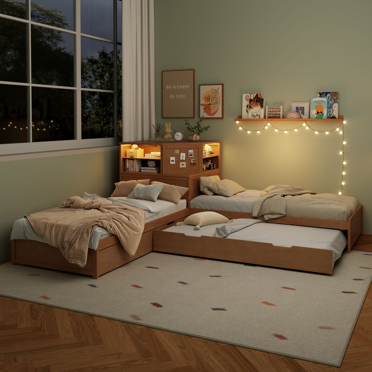 L-Shaped Bed Frame With Trundle, Built In Desk & LED Lighting, photo 6 of 31