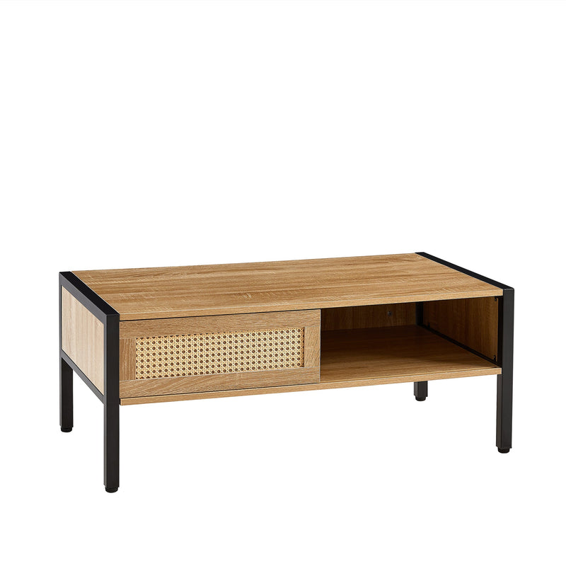 40.16" Rattan Coffee table, sliding door for storage, metal legs, Modern table for living room, natural