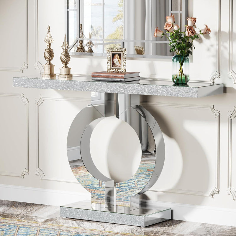 Mirrored Console Table With O-Shaped Base For Living Hallway - Silver / Clear, photo 2 of 4