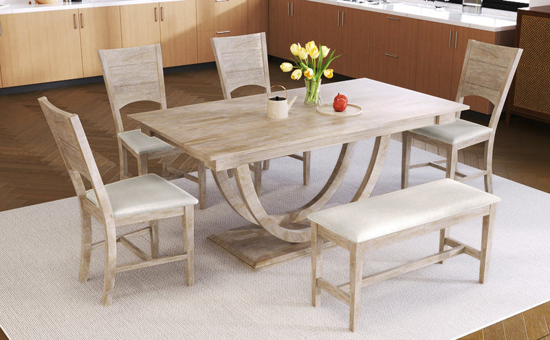 6-Piece Wood Half Round Dining Table Set Kitchen Table Set with Long Bench and 4 Dining Chairs, Modern Style, Natural