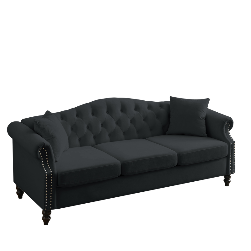 79" Chesterfield Sofa Black Velvet for Living Room, 3 Seater Sofa Tufted Couch with Rolled Arms and Nailhead for Living Room, Bedroom, Office, Apartment, 3S+2S