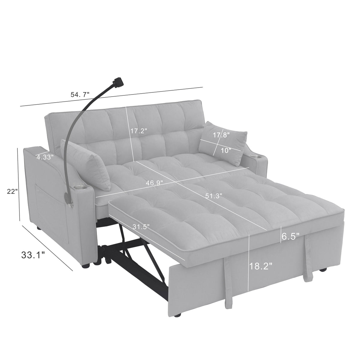 Modern Loveseat With Pullout Bed, Adjustable Reclining Backrest, photo 3 of 8