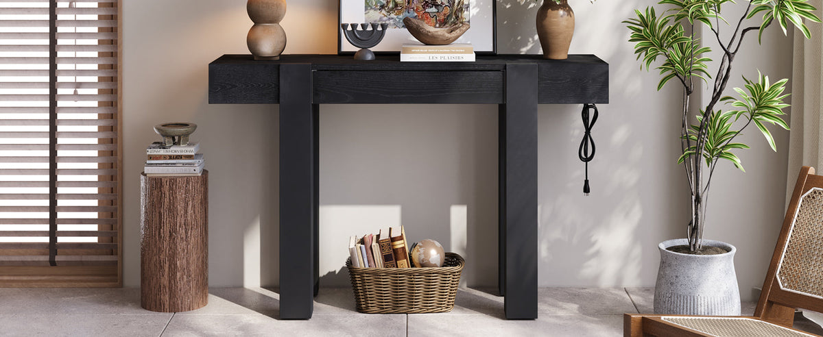 TREXM Rustic Minimalist Console Table with Hidden Drawer, Side Power Outlet, photo 5 of 10