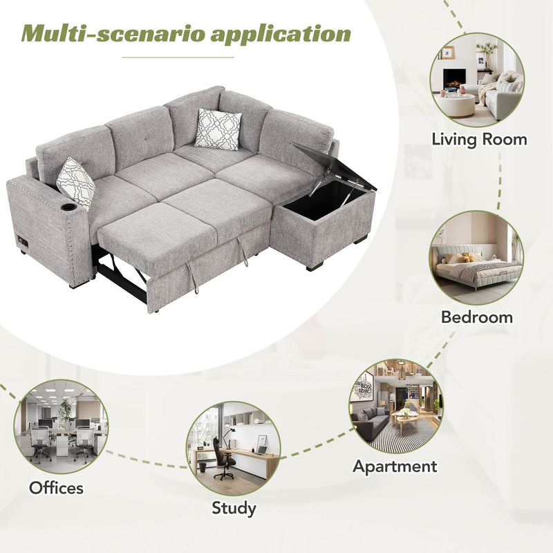 83.8" Reversible Sectional Pull-Out Sofa Bed L-Shaped Corner Sofa Couch with Storage Chaise, USB Ports, Power Sockets, Cup Holder for Living Room, Bedroom, Study,Light Gray