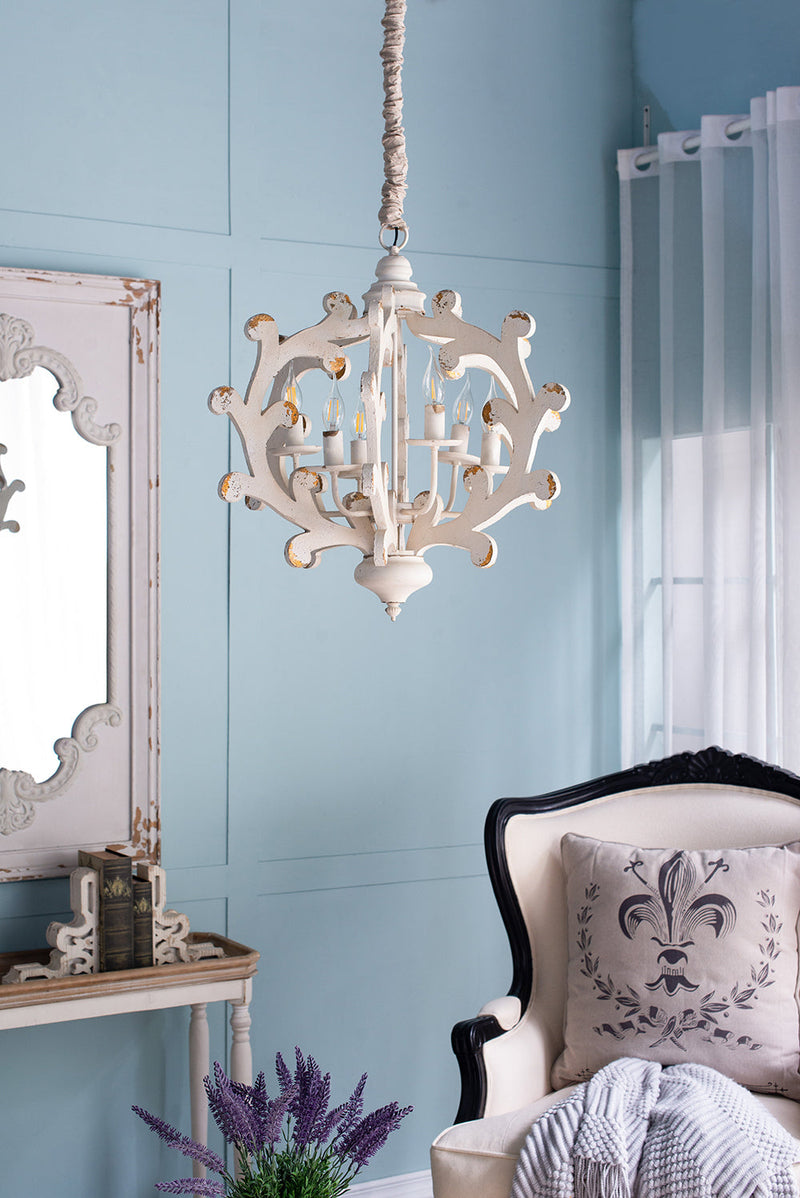 6 - Light Wood Chandelier, Hanging Light Fixture with Adjustable Chain for Kitchen Dining Room Foyer Entryway, Bulb Not Included